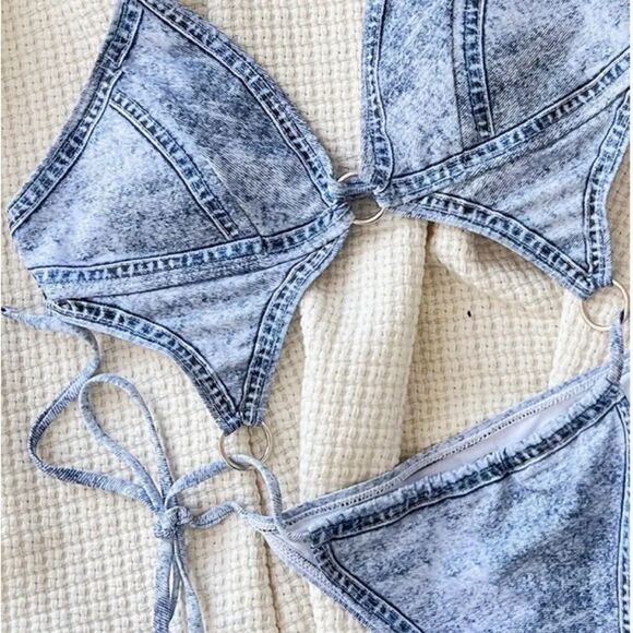 Faux Denim Print Cut Out Halter Sexy Monokini Backless One-piece Swimsuit Beach - Picture 4 of 5
